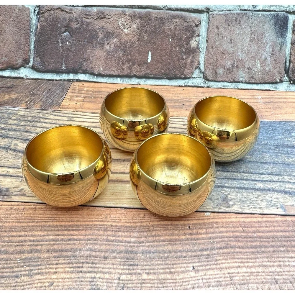Vintage Korean SOJU Shot Glass 24K Gold Plated Set‎ of 4 Stainless Steel Sake